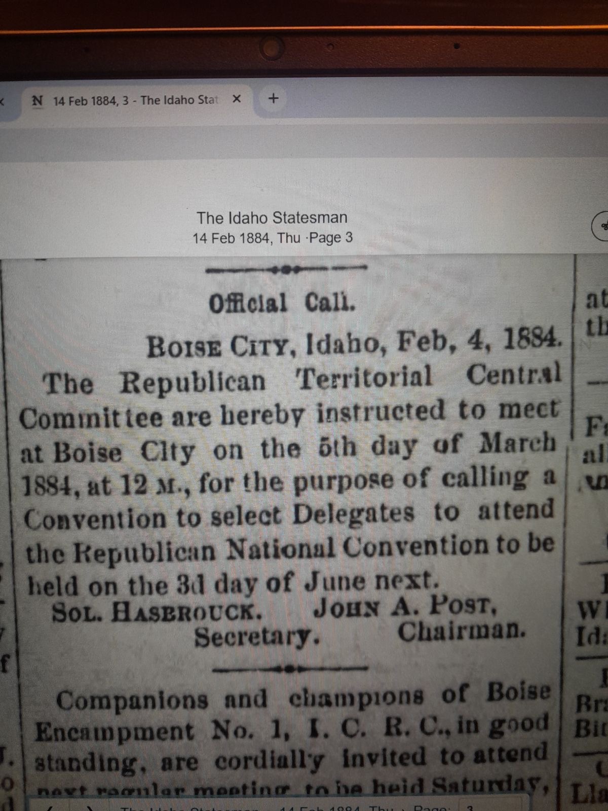 The Republican Territorial Central Committee Scheduled Meeting to Select Delelgates to National Convention